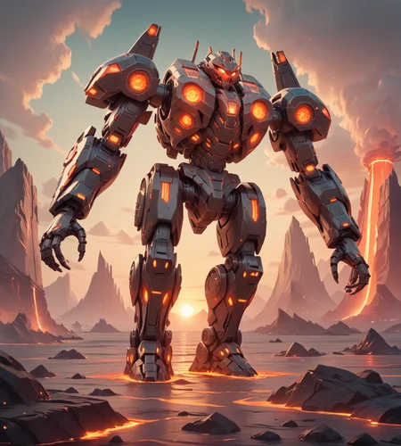 score_9. score_8_up. score_7_up. score_6_up. score_5_up. score_4_up . mecha. robot. giant robot. ocean. pacific rim. sunset. walking. science fiction. futuristic. epic. from below, scenery,
magma, lava, glowing, molten rock,
 <lora:magma_12_lbw_2:1.1>