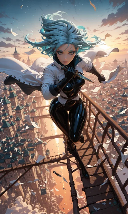 masterpiece, best quality, amazing quality, klskx, 3d realistic, nsfw, explicit, 1girl, light blue hair, long hair, windblown hair, yellow eyes, light blue eyebrows, thick eyelashes, looking at viewer, slender body, smooth skin, long coat, high collar, unbuttoned, latex, tight bodysuit underneath, thigh-high boots, wind pushing coat back, dagger, holding dagger, outdoors, (sky bridge:1.3), side composition, (floating above clouds:0.9), towering stone pillars, floating city below, thick mist, distant storm clouds, golden sunset breaking through, strong wind, loose papers flying, cold atmosphere, dynamic pose, from above, (dark shadows:0.9), (high contrast:0.9), volumetric lighting, intricate details, blurry background, depth of field <lora:spo_sdxl_10ep_4k-data_lora_webui:1.0> <lora:illustriousXL_stabilizer_v1.23:1.0> <lora:illustrious_quality_modifiers_masterpieces_v1:0.6> <lora:klskx_wai:0.7000000000000001>