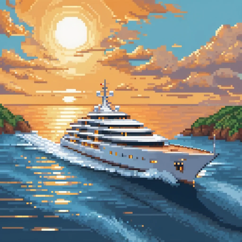 <lora:pixelbuildings128-v1:1> pixel art, A mesmerizing drawing of a sleek, opulent yacht gracefully gliding through cerulean waves, adorned with glistening chrome accents, billowing sails catching the golden sunset, and a luxurious deck hosting jubilant passengers basking in splendor