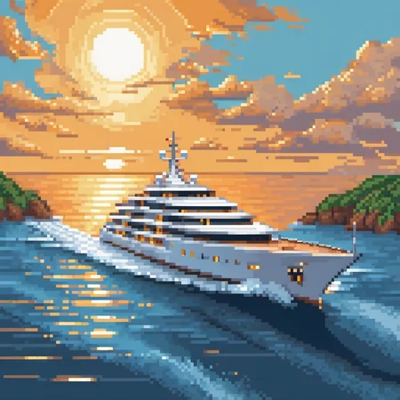 <lora:pixelbuildings128-v1:1> pixel art,  A mesmerizing drawing of a sleek, opulent yacht gracefully gliding through cerulean waves, adorned with glistening chrome accents, billowing sails catching the golden sunset, and a luxurious deck hosting jubilant passengers basking in splendor
