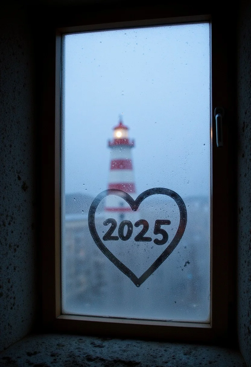 Photo of a drawing on a fogged window glass depicting of a large heart and text inside "2025". The wooden traditional window is lightly framed by pebbledash grey granite stone. There is condensation and water droplets on the glass. There is a blurred nightly seaside landscape of Brittany in the background, with a red and white striped lighthouse, its light is on. Sun is about to rise.
