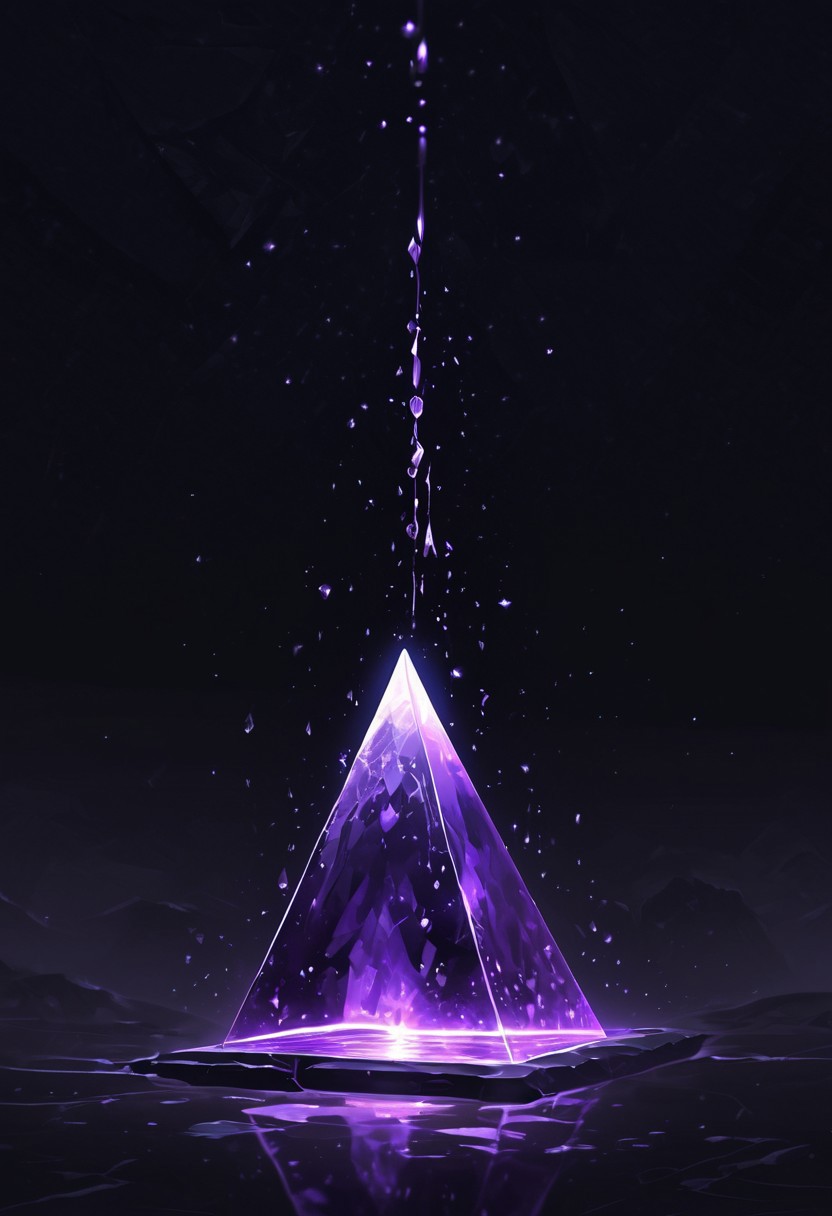 (masterpiece), best quality, Symphtia-Style, Anime, (Floating Pyramid, Dripping Liquid), Black Background, No Humans, Black and Purple Theme, (Ancient Runes, Glowing Runes, Light Refraction), Above A Pillar, Symphtia-Style, Zyrnox-Exoterra Style