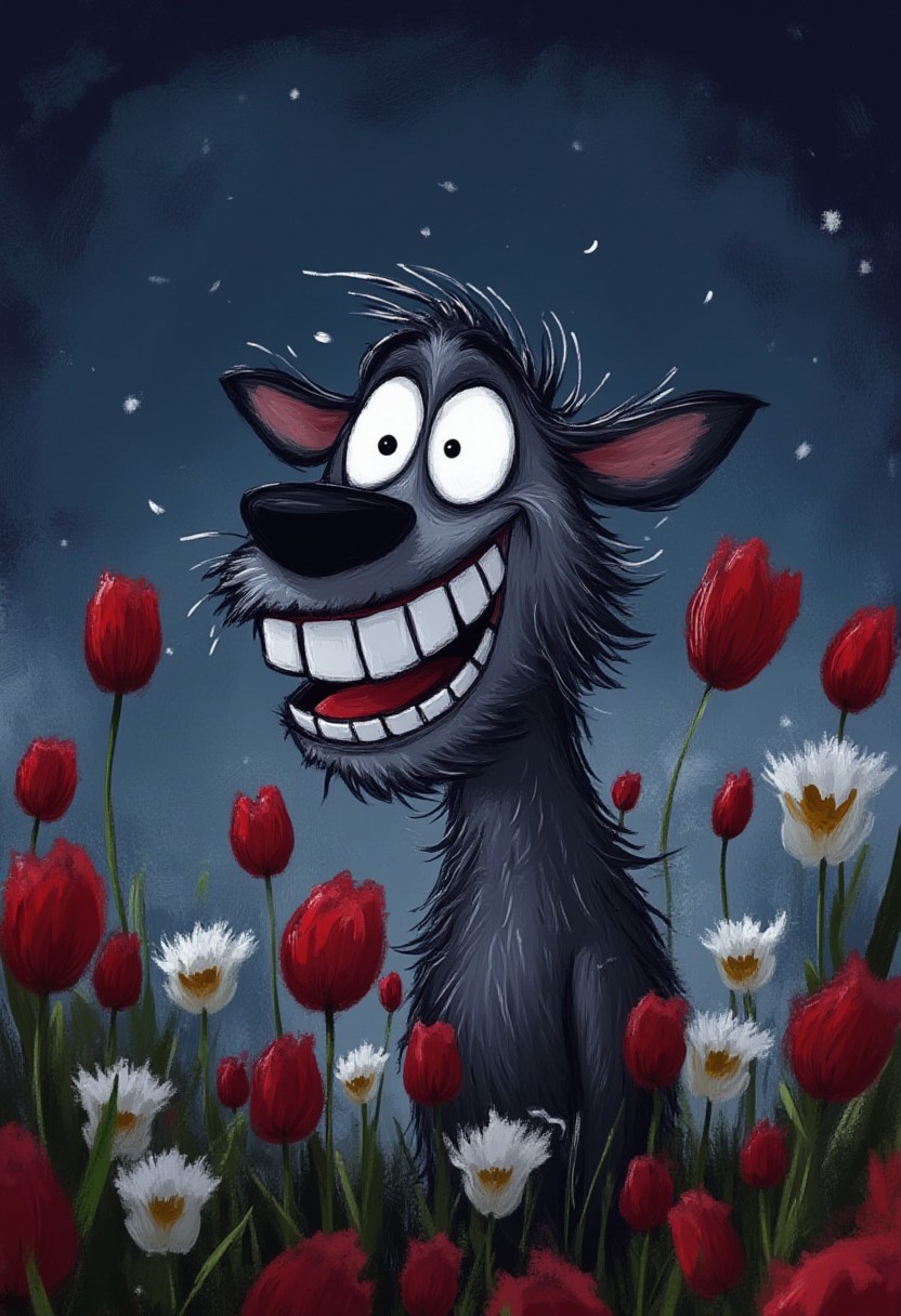 A whimsical illustration of a lanky hyena with wide toothy smile in dark whimsical art style, beaming from ear to ear, surrounded by red tulips and white lilies, digital painting with expressive brushstrokes showing joyful expression, twilight meadow background, characteristic Tim Burton inspired design with mischievous glowing eyes