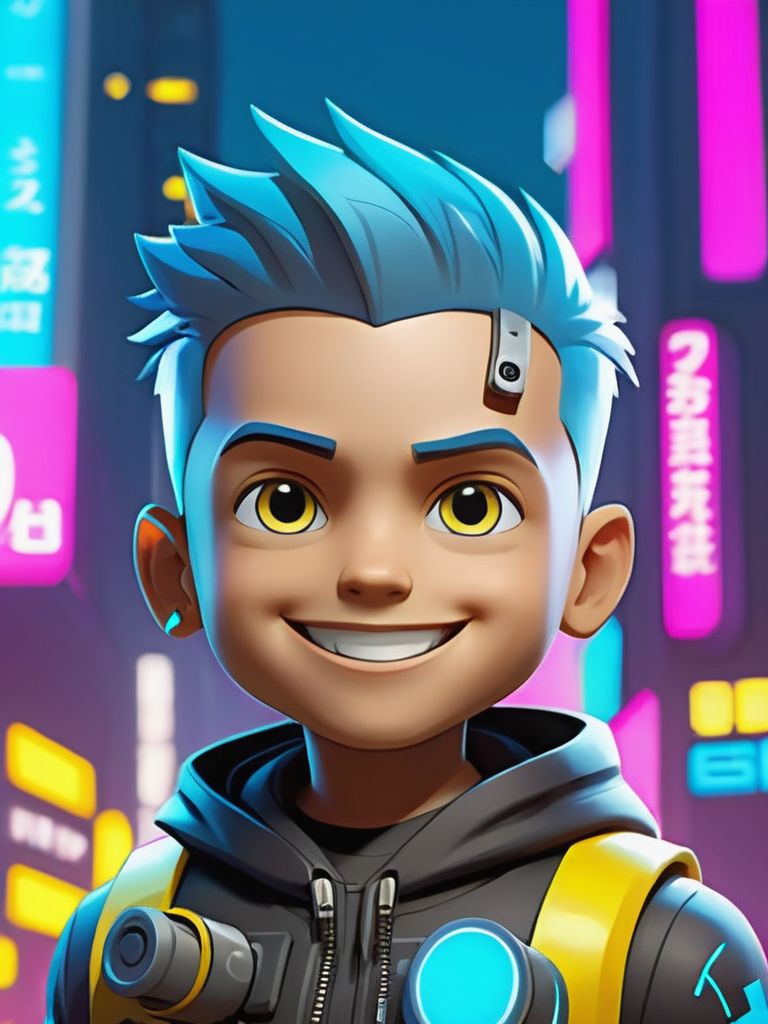 sico style, a cute boy, hero cyborg, smile, cyberpunk 2077 style, brightly illumated city background,
 <lora:memoji_1024-000005:0.5>