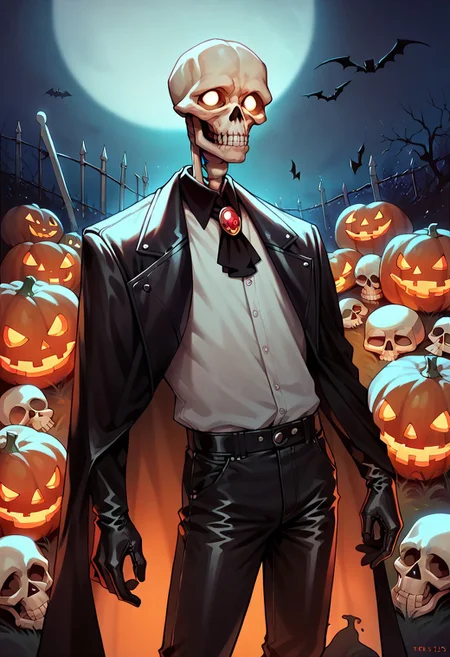 score_9, score_8_up, score_7_up,detailed background,perfecteyes, creepy, A skeleton, a cute skeleton,,mantle,halloween,pumpkins, guy,graveyard,brutal, full moon,trousers, shirt,neck brooch,Glowing eyes,skull,leather gloves