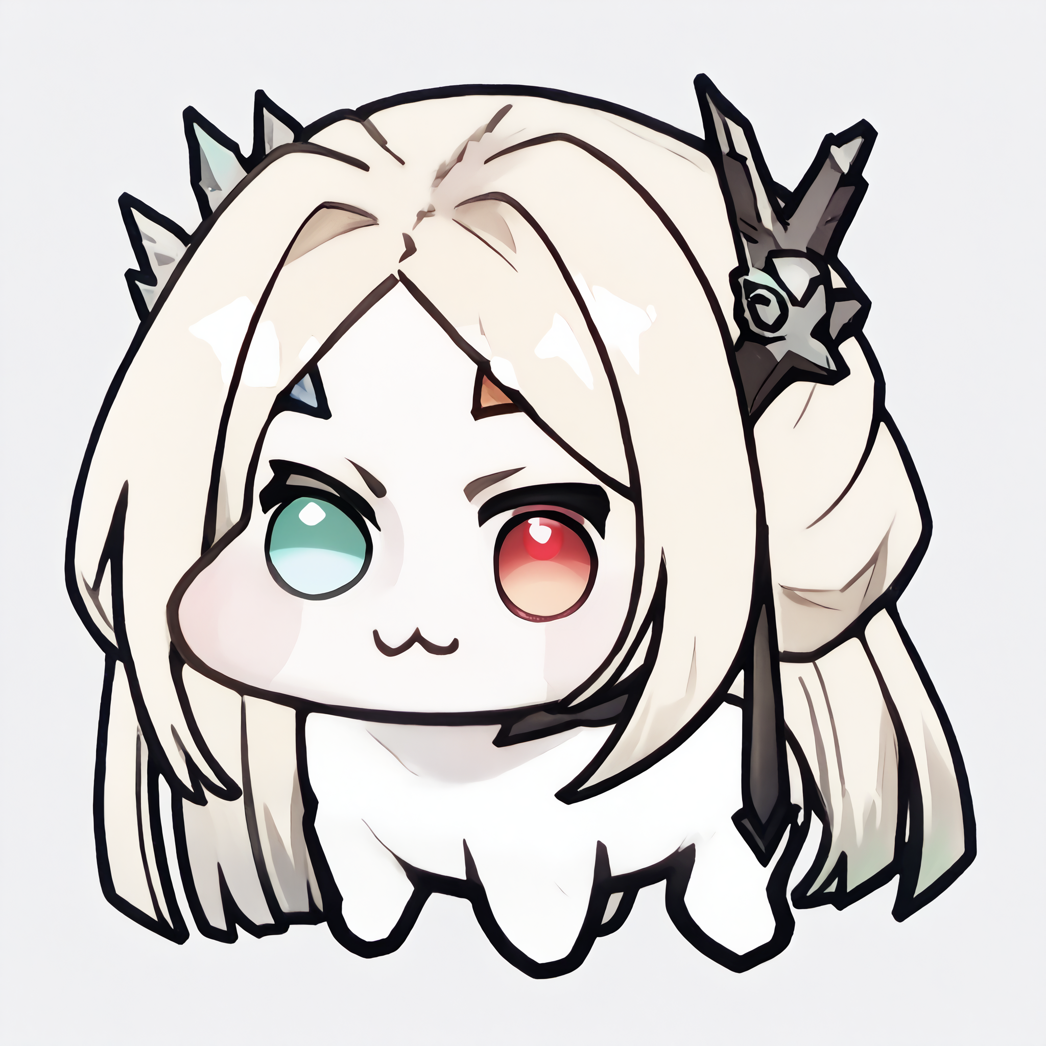 score_9, score_7_up, <lora:Doro_X_PDXL_V1:1.1> doro, creature, :3, chibi, no humans, white skin, four legs, solid circle eyes, no pupils, <lora:eireneptn-ponyxl-beta4-alt-12:1.0>, EirenePTN, heterochromia, forehead mark, platinum blonde hair, gradient hair, long hair, black hair ornament, simple background,