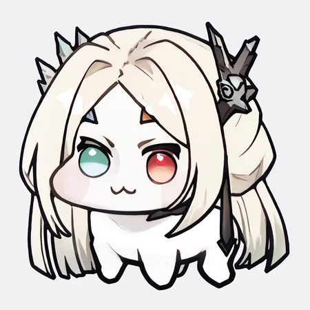 score_9, score_7_up, <lora:Doro_X_PDXL_V1:1.1> doro, creature, :3, chibi, no humans, white skin, four legs, solid circle eyes, no pupils, <lora:eireneptn-ponyxl-beta4-alt-12:1.0>, EirenePTN, heterochromia, forehead mark, platinum blonde hair, gradient hair, long hair, black hair ornament, simple background,