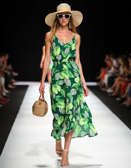 fashion catwalk, lighting, photo, HD, 4k,  full body, 
Women wearing tropical green and leave pattern summer dress, white sunglasses, sun hat, low heels, woven purse bag, 
 <lora:iphone-dev-7:1> iphone photo