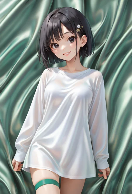 score_9, score_8_up, score_7_up, source_anime, perfect anatomy, ((outlined outlined vector graphics)),,cute face,
1girl,20yo, black hair, black eyes, short bob hair, hair pin,mdeium breast, slender,(white thigh strap:1.1),(black clohtes:1.1),,casual ware, cowboy shot, long sleeves,smile, parted lips , peaceful,
, silk background, tatsuki background,(green silk:1.1),rainbow background,smile,
<lora:silk-background-02:1>