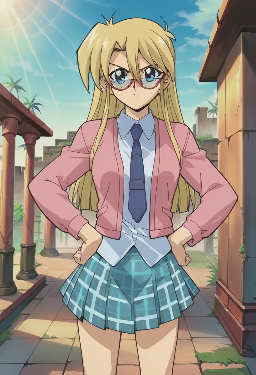 uncensored, score_9__up, score_9, score_8_up, score_8, score_7_up, score_7, score_6_up, score_6, score_5_up, source_anime, anime screencap, anime coloring, highres
solo, upper body, cowboy shot, standing, looking at viewer, hands on hips
marble floor with rays of sunlight,ancient egyptian ruins,tomb,
YGORebecHawki, 1girl, Blonde Hair, freckles, blue eyes,RH2, long hair, hair between eyes, glasses, semi-rimless eyewear, red-framed eyewear, pink sweater, jacket, white collared shirt, blue necktie, teal skirt, plaid skirt, sock, brown footwear, loafers,