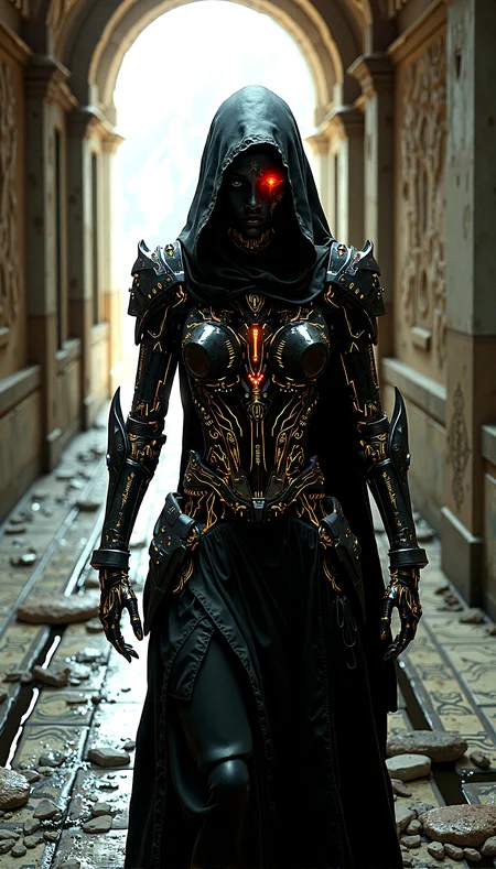 A cybernetic mystic, her face split between robotic and human features,  in an ancient, shadowed corridor. She has a glowing red eye, her hooded cloak adorned with golden circuitry patterns. Her armor, a blend of metal and glowing runes, suggests a perfect fusion of magic and technology. The digital artwork is a masterpiece of extreme realism, with perfect illumination, high contrast, and intricate, textured details.

Small pieces of debris scattered across the floor, such as broken tiles, stones, and remnants of past inhabitants.Puddles of water on the uneven floor, reflecting the faint light and adding a sense of dampness.Ornate mosaic patterns on the floor, worn and faded with age but still hinting at past glory. Occasional glimpses of the outside world through cracks or openings, showing distant landscapes or skies.

Defensive Crouch with holographic  Shield











