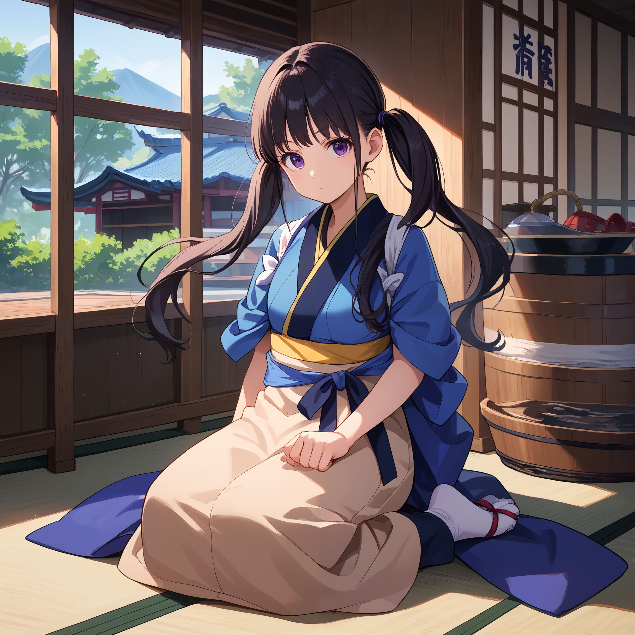 score_9, score_8_up, score_7_up, score_6_up, score_5_up, score_4_up, BREAK source_anime, look at viewer, rating_safe, 1girl, solo, indoors, japanese house, full body, sitting, masterpiece, best quality, high detailed skin,  inoue takina, takina kimono, long hair, black hair, twintails, purple eyes, japanese clothes, blue kimono, apron, waist bow, tabi,