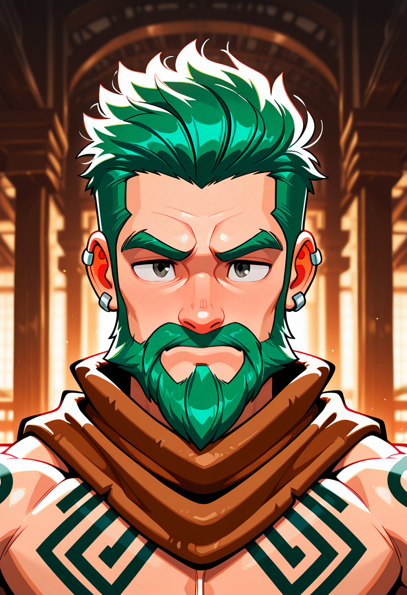 masterpiece, best quality, high quality, amazing quality, very aesthetic, high resolution, absurdres
solo, looking_at_viewer, short_hair, 1boy, brown_eyes, jewelry, closed_mouth, upper_body, male_focus, earrings, green_hair, scarf, blurry, lips, tattoo, blurry_background, facial_hair, piercing, thick_eyebrows, ear_piercing, portrait, beard, nose
