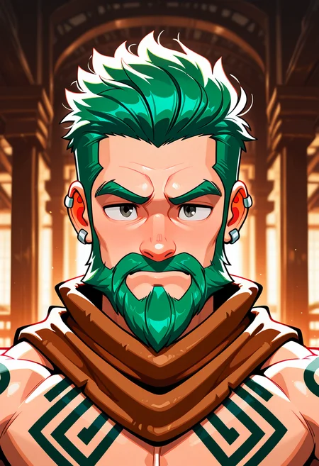 masterpiece, best quality, high quality, amazing quality, very aesthetic, high resolution, absurdres
solo, looking_at_viewer, short_hair, 1boy, brown_eyes, jewelry, closed_mouth, upper_body, male_focus, earrings, green_hair, scarf, blurry, lips, tattoo, blurry_background, facial_hair, piercing, thick_eyebrows, ear_piercing, portrait, beard, nose
