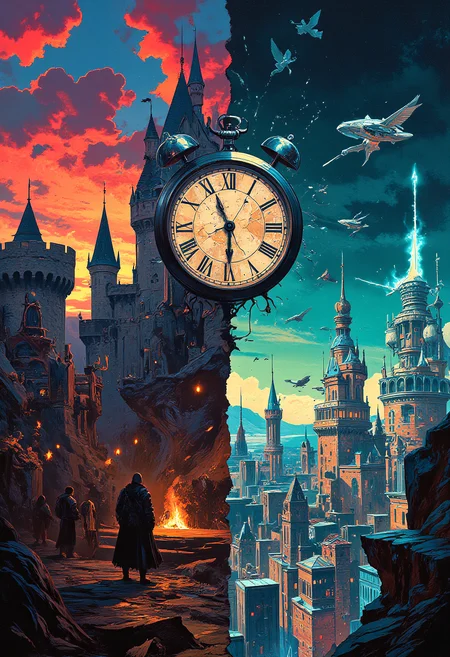 A surreal split-screen of two realities, one side a medieval kingdom with stone castles, armored knights, and torches flickering against the twilight. The other, a futuristic cityscape of neon-lit towers, flying cars, and glowing holograms stretching into the sky. A massive, cracked clock floats in the sky, caught between ticking backward and forward.