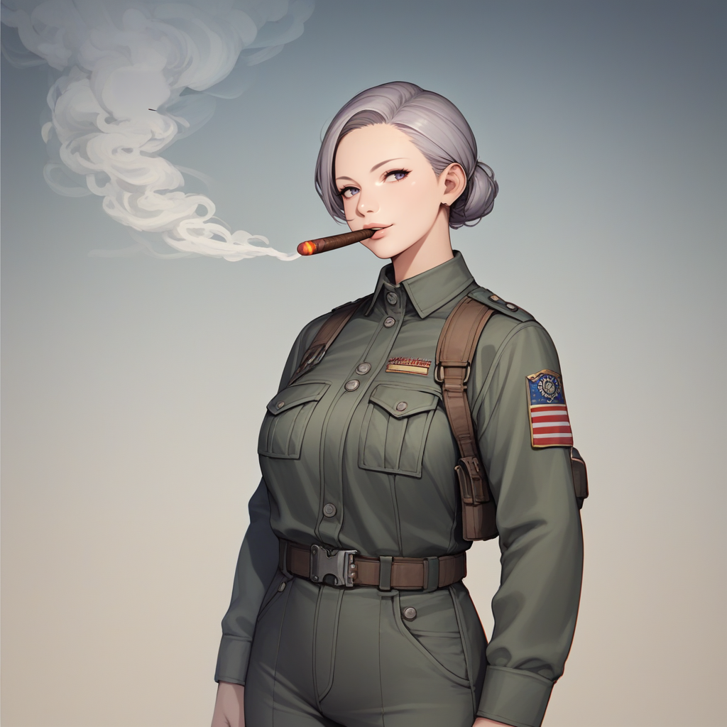 score_9,score_8_up,score_7_up,score_6_up,source_anime,rating_safe,1girl,cowboy shot,military, <lora:Smoking:0.8> smok3, smoke,smoking, cigar in mouth, large smoke cloud, zPDXL2,