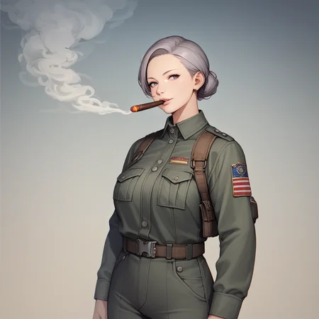 score_9,score_8_up,score_7_up,score_6_up,source_anime,rating_safe,1girl,cowboy shot,military, <lora:Smoking:0.8> smok3, smoke,smoking, cigar in mouth, large smoke cloud, zPDXL2,