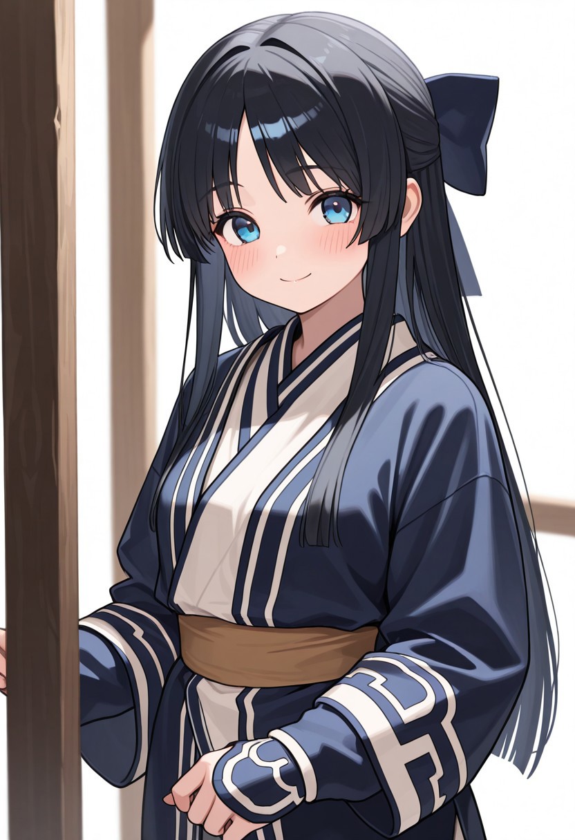 masterpiece, best quality, 32k, high resolution, absurdres, ainu, 1girl, solo, looking at viewer, long hair, black hair, blush, blue eyes, long sleeves, smile, closed mouth