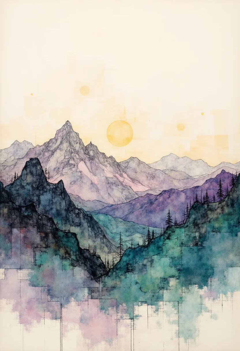 In an expressive minimalistic drawing style, mountain silhouettes stand boldly against an ambient sky. Limited color palette captures sunlights golden glow and moonlights ethereal hues with charcoal greys, soft purples, and splashes of emerald green to portray vegetation. Distinctive lines define rocky terrain while intricate negative spaces suggest craggy peaks reaching into infinite expanse. Each curve and stroke invites introspection into the stillness of natures grandeur. A harmonious balance between simplicity and sophistication creates an immersive experience where tranquility holds sway over this minimalist landscape. ,<lora:flux/fav/Digital painting V1.safetensors:1.0:1.0>