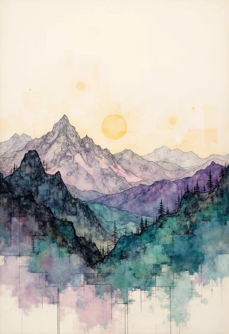 In an expressive minimalistic drawing style, mountain silhouettes stand boldly against an ambient sky. Limited color palette captures sunlights golden glow and moonlights ethereal hues with charcoal greys, soft purples, and splashes of emerald green to portray vegetation. Distinctive lines define rocky terrain while intricate negative spaces suggest craggy peaks reaching into infinite expanse. Each curve and stroke invites introspection into the stillness of natures grandeur. A harmonious balance between simplicity and sophistication creates an immersive experience where tranquility holds sway over this minimalist landscape. ,<lora:flux/fav/Digital painting V1.safetensors:1.0:1.0>