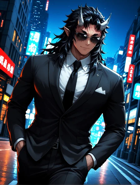 masterpiece, very aesthetic, best quality, solo, amazing quality, fit body, imtdsekidoh, 1boy, looking away, male, muscular, long hair, horns, black hair, pointy ears, demon boy, oni horns, scar, cowboy shot, dynamic angle, formal, suit, collared shirt, tie, sunglasses, black sunglasses, covered eyes, black pants, elegant, walking, on the street, urban background, night, hands in pockets, modern city, Tokyo, detailed background, intricate details, subtle smile