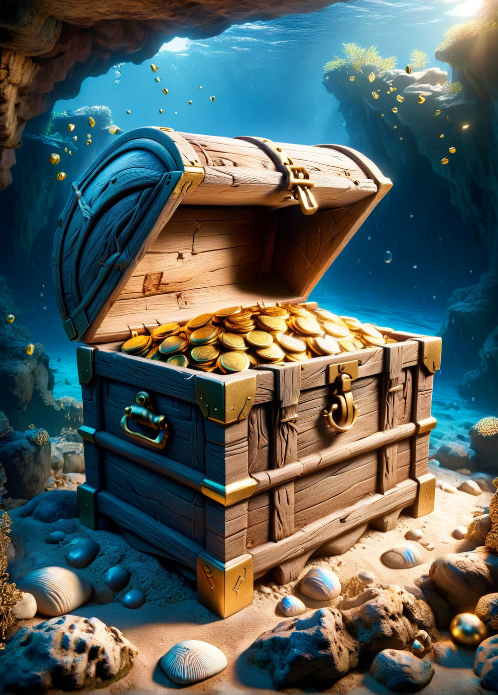 An ais-rghhwn treasure chest overflowing with gold coins and jewels, hidden in a pirate's cave <lora:ais-rghhwn-sdxl:1>