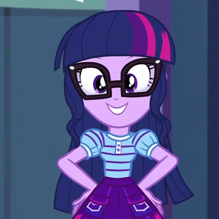 1girl , purple hair, purple skin, purple eyes, multicolored hair, glasses, loose hair, long hair, hands on hip, smile, skirt, blouse, proud