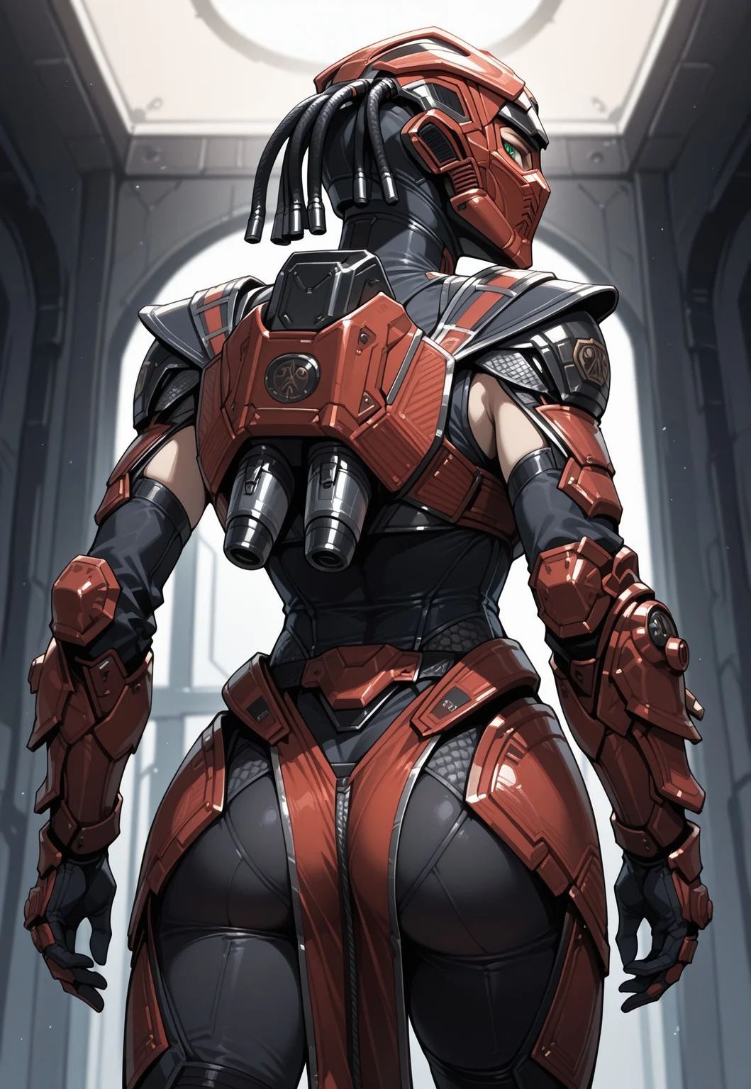 masterpiece, best quality, detailed, realistic, from behind, 1girl, solo, sektor, Helmet, mask, green eyes, Black bodysuit, shoulder armor, breastplate, gauntlets, gloves, leg armor, pelvic curtain, jetpack, looking back at viewer,