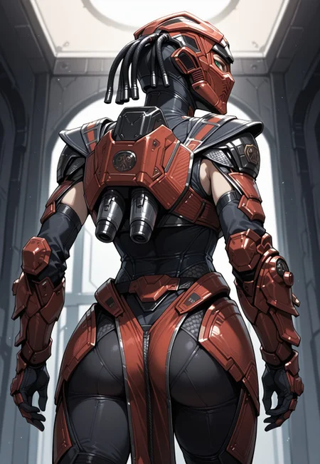 masterpiece, best quality, detailed, realistic, from behind, 1girl, solo, sektor, Helmet, mask, green eyes, Black bodysuit, shoulder armor, breastplate, gauntlets, gloves, leg armor, pelvic curtain, jetpack, looking back at viewer,