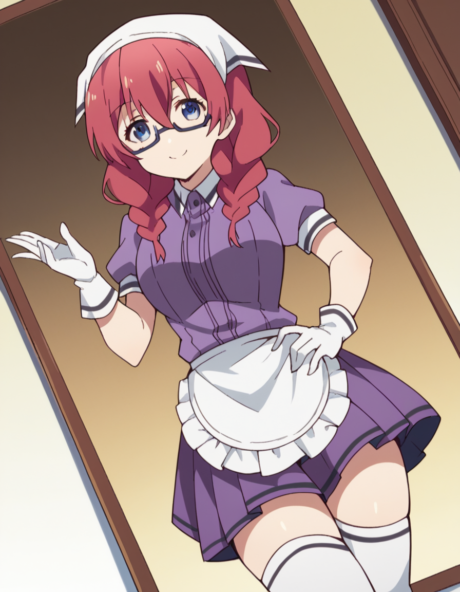 score_9, score_8_up, score_7_up, source_anime, <lora:miu-amano-s1-ponyxl-lora-nochekaiser:1>, miu amano, long hair, bangs, blue eyes, braid, red hair, glasses, twin braids, semi-rimless eyewear, under-rim eyewear, large breasts,, skirt, shirt, thighhighs, gloves, short sleeves, pleated skirt, glasses, puffy sleeves, white gloves, apron, white thighhighs, puffy short sleeves, waist apron, purple skirt, purple shirt, waitress, head scarf,, museum, art exhibit, paintings, observing, quiet contemplation, cultural experience, smile, looking at viewer, knee bent, hand on hip, arm outstretched, solo,, cowboy shot, dutch angle