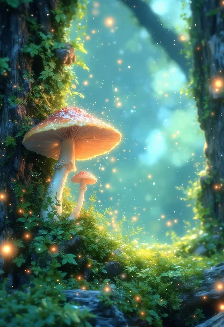 Mushroom and Moss Wonderland
"A detailed macro photograph of a tiny mushroom growing among lush green moss. The mushroom’s delicate gills are beautifully illuminated by soft, diffused light filtering through the forest canopy. Tiny droplets of moisture cling to the moss, adding a sense of freshness and wonder."