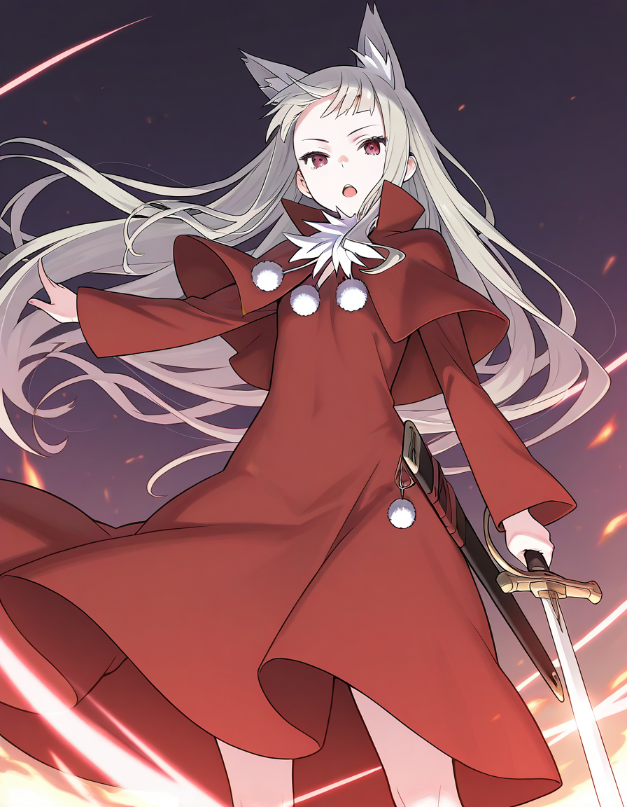 masterpiece, best quality, good quality,  <lora:Belfraw_Martini_IS:1> no hat,
Belfraw_Martini, 1girl, solo, silver hair, open mouth, animal ears, red dress, pom pom (clothes),
looking at viewer, weapon, long sleeves, sword, red eyes,