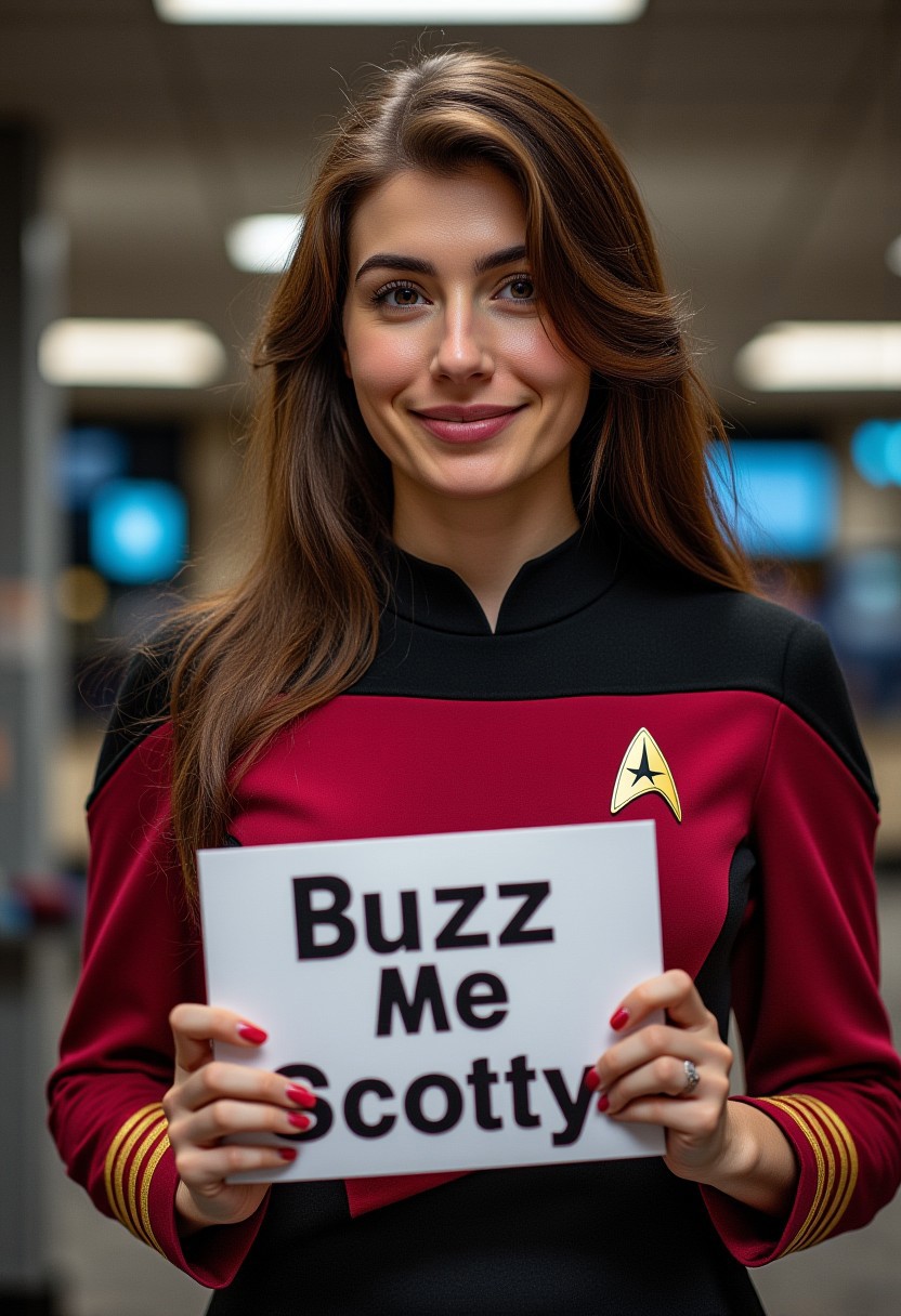 woman in star trek uniform holding  sign that says "buzz me scotty"