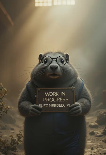 Photography, National Geographic style, dutch angle, A happy chubby grey marmot with thin round glasses, wearing blue work overall, adjustable wrench poking out of pocket, holds a sign with text saying "WORK IN PROGRESS. BUZZ NEEDED, PLZ !", tiny laptop computer under the arm, in a victorian steampunk style with neon details. Background shows an empty wood warehouse, dust on the floor, light and dust particles floating in the air in a warm sun ray from side window, Vibrant Glow, rule of third, gold number proportions, dutch angle, perfect cinematic light