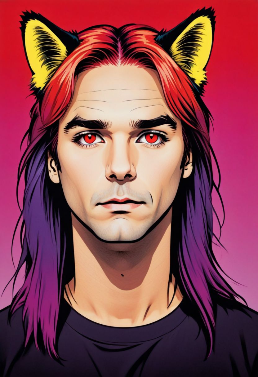 prtxztl, solo, multicolored hair, red eyes, long hair, gradient, gradient background, shirt, looking at viewer, pop art, screenprinting, halftone printing, contemporary art, modern art, graphic art, commercial art, bold colors, bold lines, comic book style, comic art, advertising art, kitsch, retro style, vibrant colors, animal ears, solo, cat ears, multicolored hair, red eyes, long hair, gradient, gradient background, shirt, looking at viewer, flat color, newsprint texture,flat color, art by Andy Warhol and Roy Lichtenstein