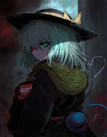 sushi yuusha toro, 1girl, solo, komeiji koishi,
very awa, masterpiece, best quality, year 2024, newest, highres, absurdres, <lora:black-souls-style-noobai-vpred10-prodigy:1>