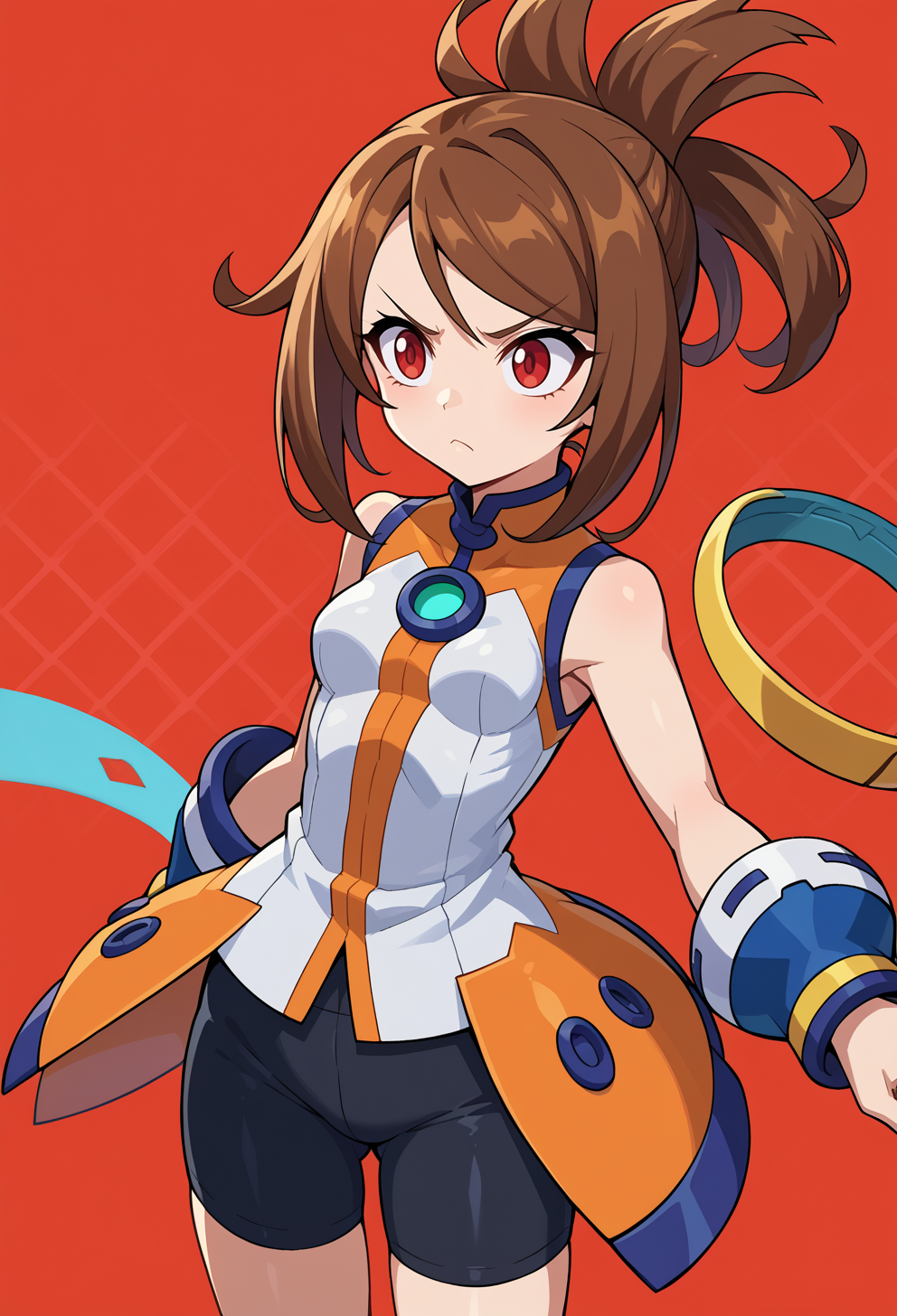score_9, score_7_up, source_anime, BREAK   <lora:GunvoltMain:1> Azure Striker Gunvolt(Main), bike shorts,, frown, 1girl, red eyes, tsurime, brown hair, medium hair, asymmetrical bangs, swept bangs, flipped hair, folded ponytail, small breasts,