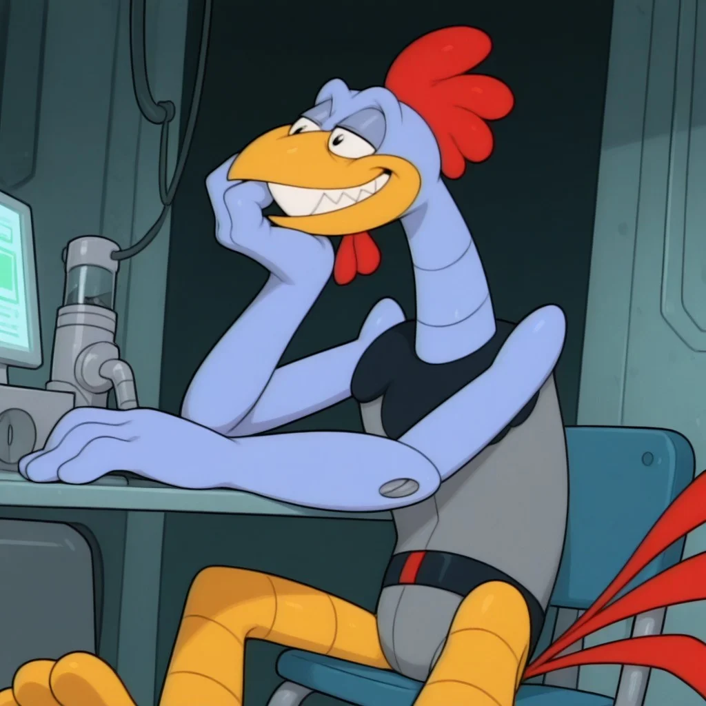 masterpiece, best quality, amazing quality, scr4tchson1c, male, furry male, solo, robotic, chicken, silver body, two-tone body, yellow beak, black eyes, wing-like arms, yellow legs, tailfeathers, 2 toes, screws, black collar, black belt, sitting on chair, resting head on hand, smirk, teeth, half-closed eyes, indoors, laboratory