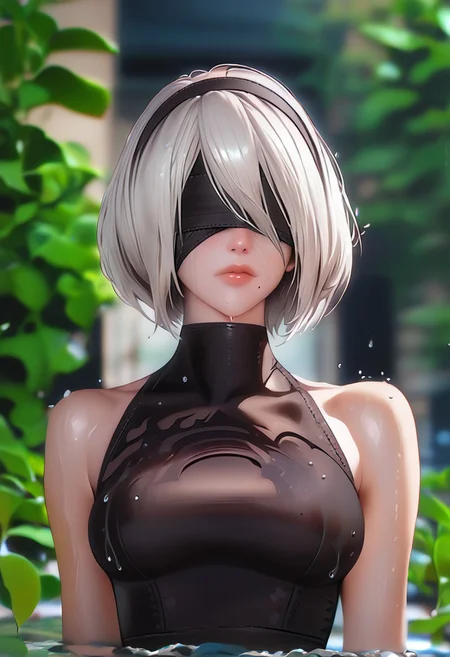 score_9, score_8_up, score_7_up, 1girl, solo, breasts, short hair, dress, bare shoulders, medium breasts, closed mouth, upper body, white hair, hairband, sleeveless, mole, blurry, black dress, lips, wet, depth of field, blurry background, turtleneck, phone, cellphone, black hairband, wet clothes, mole under mouth, facing viewer, smartphone, rain, water drop, blindfold, wet hair, covered eyes, black blindfold, yorha no. 2 type b