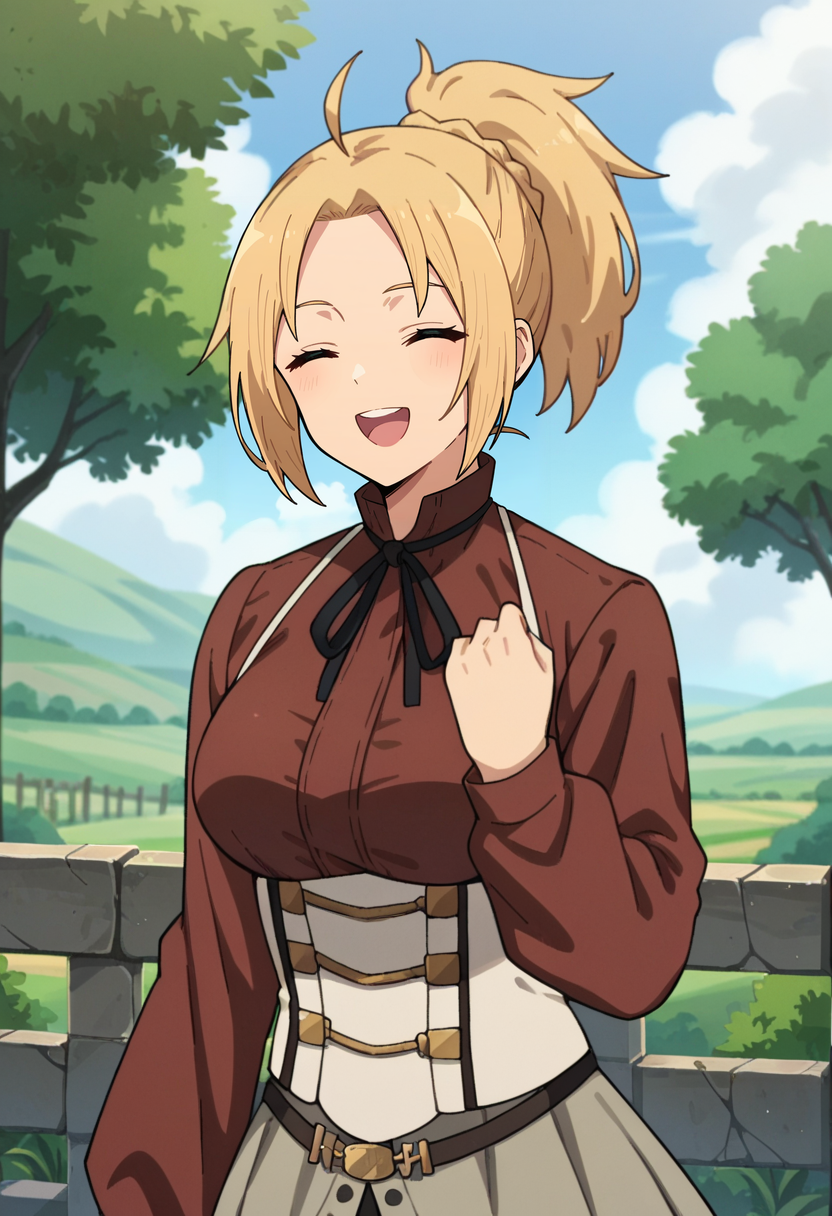 score_4, score_5, score_6, score_9, score_8_up, score_7_up, source_anime,
<lora:MushokuTensei_ZenithGreyratXL:0.8>, ZenithGreyrat,
1girl, open mouth, smile, upper teeth only,
blonde hair, ponytail, ahoge, closed eyes, parted bangs,
brown shirt, neck ribbon, long sleeves, suspenders, white corset, grey skirt, belt, 
standing, looking at viewer,
outdoors, scenery, tree, medieval, stone, fence
