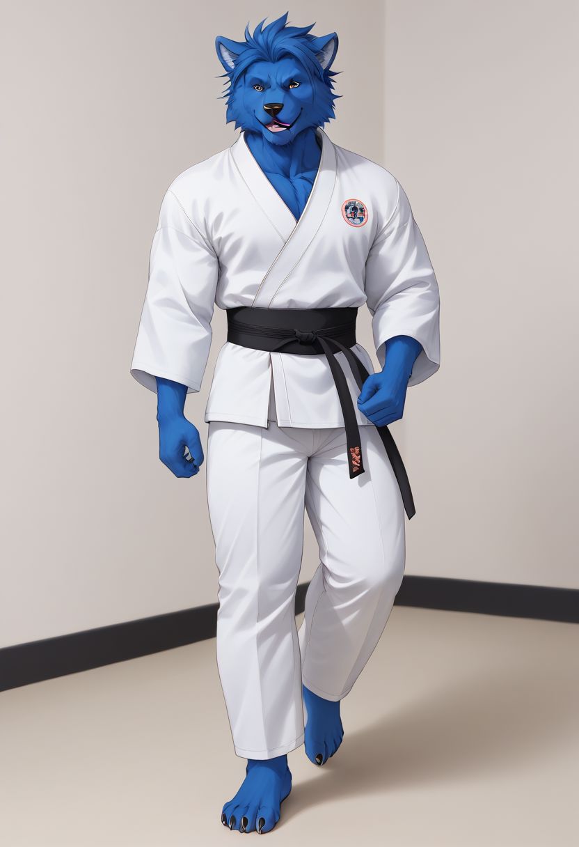 (((Barefoot furry character, full body, cinematic setting, furry male, plantigrade))) 
(((Beast from X-Man))), muscular, beefy, brawny, (((wears white kimono and lonh white pants))), (((performs karate kick))), high kick, lifted leg,  blue fur on entire body
BREAK, detailed background, 8K, (masterpiece:1.5), intricate details, highly detailed, extreme detail, octane render, fine art, best quality, highres, (detailed face:1.5), ((full_body)), UHD, (((perfect hands))), low light