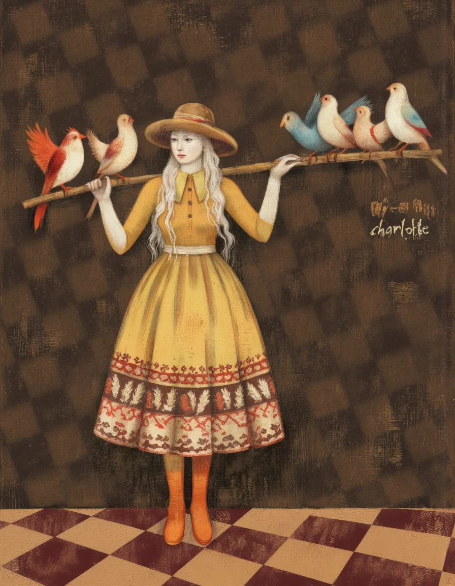 . A whimsical painting of a woman with long white hair and a wide-brimmed hat, standing in the middle of the image. she is wearing a yellow dress with a red and white patterned skirt and orange boots. the woman is holding a long, thin rod that is straddling several colorful birds on it. The birds are of different sizes and colors, including red, white, and blue, and are perched on the rod. The background is a dark brown with a checkered pattern, and the overall style is reminiscent of traditional folk art, with soft, pastel colors and intricate details. the artist's signature, "charlotte," is in the bottom right corner, adding a personal touch to the artwork.