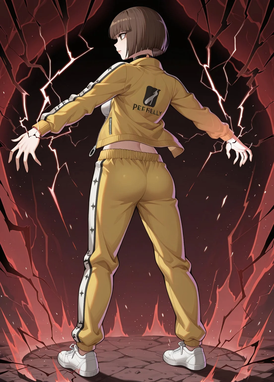 unholy-aesthetic, masterpiece, best quality, amazing quality, absurdres,
ff_kelly, defkelly, 1girl, solo, brown hair, bobcut, blunt bangs, brown eyes, lips, medium breasts, navel, o-ring chocker, yellow jacket, open jacket, white cropped top, yellow pants, track pants, white footwear, puma (brand),
Conqueror's Haki, aura, (red and black electricity:1.3), from behind, back view, full body, dark background