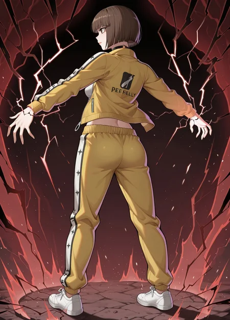 unholy-aesthetic, masterpiece, best quality, amazing quality, absurdres,
ff_kelly, defkelly, 1girl, solo, brown hair, bobcut, blunt bangs, brown eyes, lips, medium breasts, navel, o-ring chocker, yellow jacket, open jacket, white cropped top, yellow pants, track pants, white footwear, puma (brand),
Conqueror's Haki, aura, (red and black electricity:1.3), from behind, back view, full body, dark background