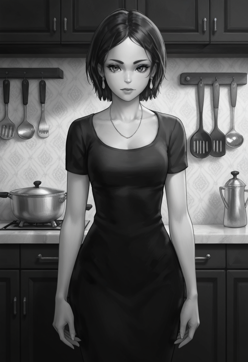 Graphic Design, greyscale, monochrome, intricate details, high contrast, detailed background, beautiful detailed, beautiful face, detailed eyes, detailed face, new, k4r1n4, 1girl, jewelry, solo, short hair, earrings, necklace, black hair, black dress, short sleeves, looking at viewer, cowboy shot, kitchen, dynamic pose, (masterpiece, best quality, newest, recent, absurdres),
