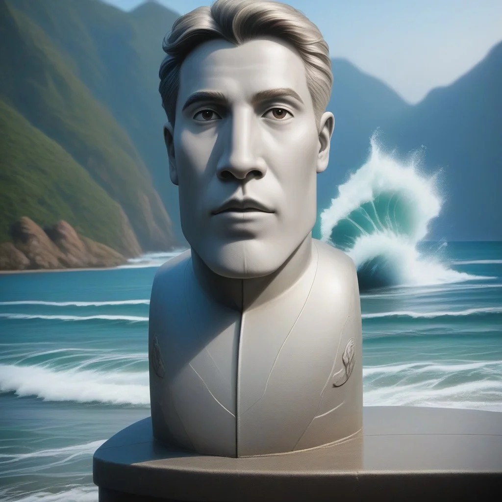 cinematic lighting, extremely detailed, high detail, hires textures, incredibly detailed, intricate details, intricate diorama, masterpiece, outstanding intricacies, photorealism, true masterpiece, Moai Statue, Moai face, Moai man, wearing a suit, shore background, luscious, Exquisite, full body, coastal view, sea, waves,