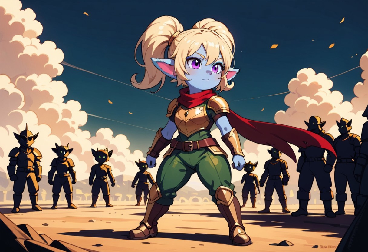 score_9, score_8_up, score_7_up, full height, Portrait,EasyNegative, (1girl), (detailed),Poppy,yordle, shortstack, short girl,purple eyes, blonde hair, blue skin, colored skin,golden armor,red scarf,green snakeskin shirt, green snakeskin pants, brown boots,on the battlefield,warriors on battlefield,many people,bloodshed,
