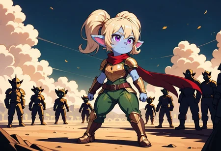 score_9, score_8_up, score_7_up, full height, Portrait,EasyNegative, (1girl), (detailed),Poppy,yordle, shortstack, short girl,purple eyes, blonde hair, blue skin, colored skin,golden armor,red scarf,green snakeskin shirt, green snakeskin pants, brown boots,on the battlefield,warriors on battlefield,many people,bloodshed,