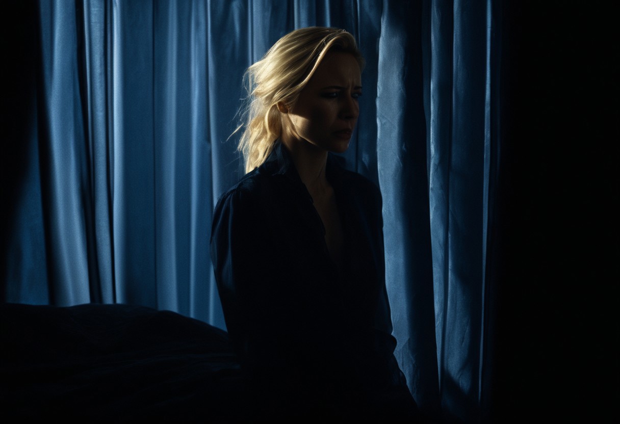 A beautiful blond woman wearing only a torn blue see-through body suit is on a bed. The bed has dark blue sheets. She is crying and has a desperate expression on her face. Her clothes are slightly torn. He her is messy. The roo is dark, the lighting is soft, trough a small hole in the curtains. There are shadows. A man in a suit is watching in the background.
