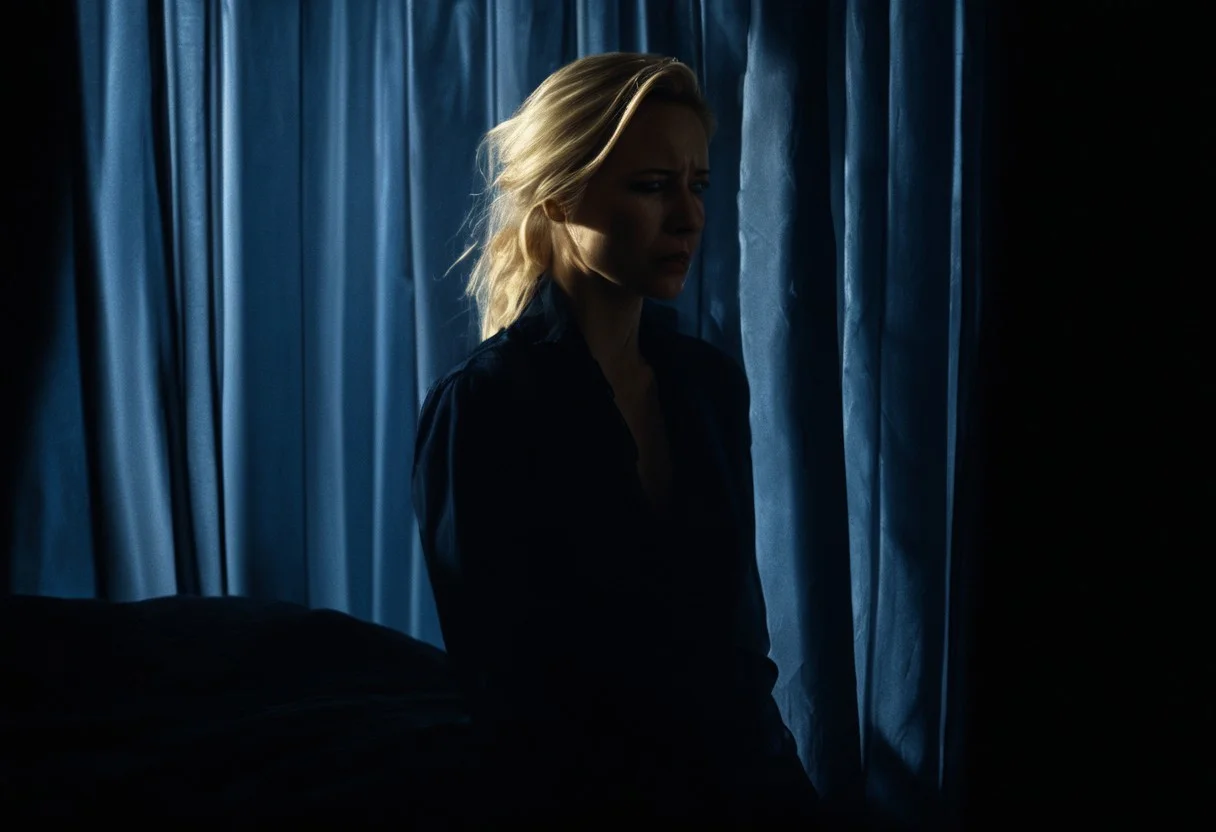 A beautiful blond woman wearing only a torn blue see-through body suit is on a bed. The bed has dark blue sheets. She is crying and has a desperate expression on her face. Her clothes are slightly torn. He her is messy. The roo is dark, the lighting is soft, trough a small hole in the curtains. There are shadows. A man in a suit is watching in the background.